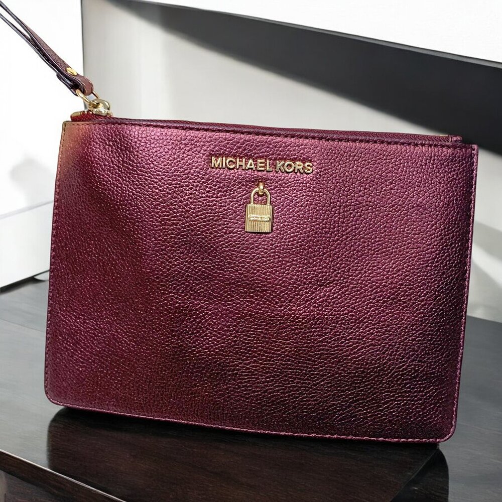 MICHAEL KORS Adele Merlot Pebbled Leather‎ Zippered Clutch Wristlet